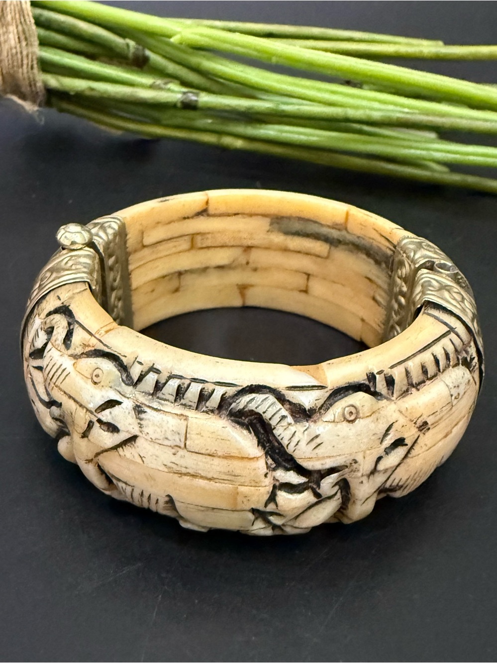 Vintage Carved Bone Elephant Motif Safari Silver Hinged Bangle Bracelet India